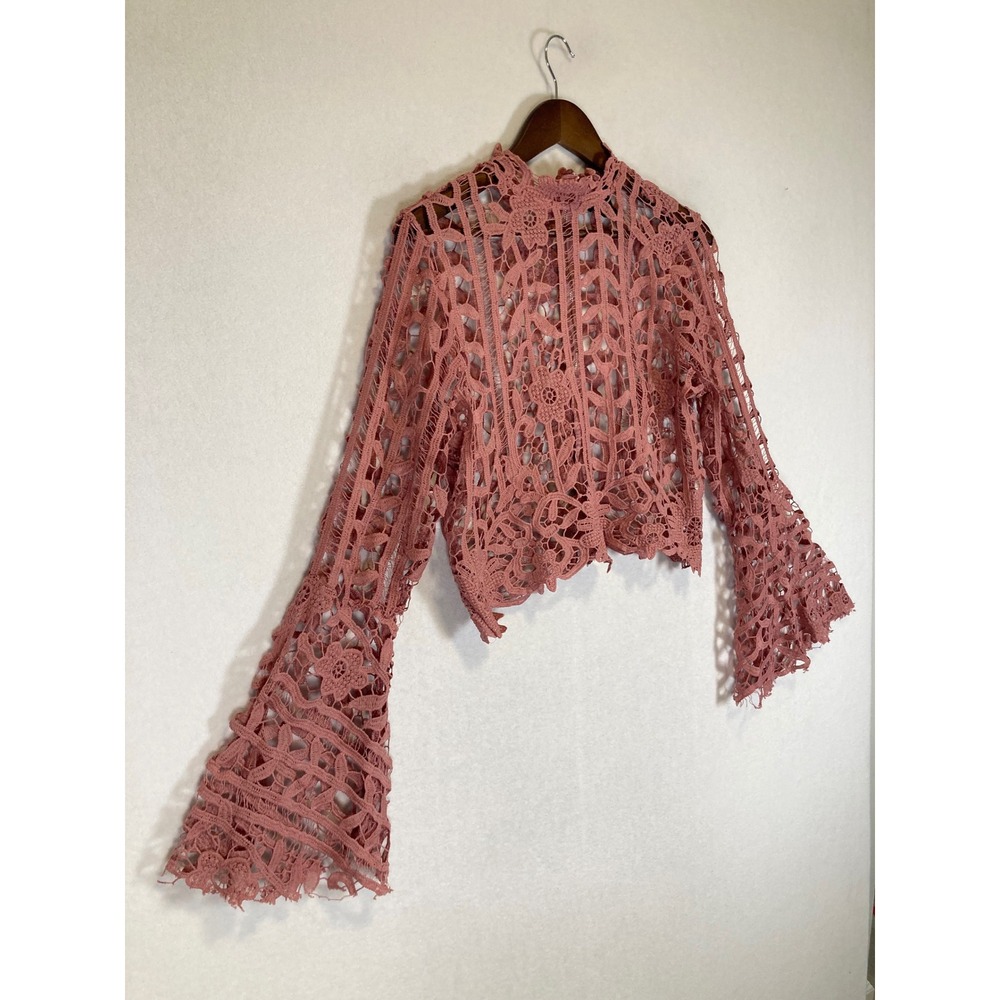 Whimsical Romantic It's Pink Women XL Dusty Rose Crochet Lace Bell Slv Crop Top - Picture 9 of 10
